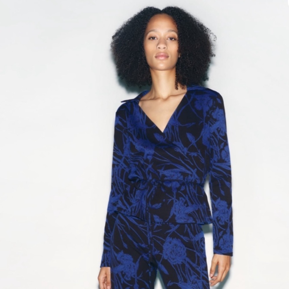 Zara Blue Jacquard Floral Wrap Top Long Sleeve V-Neck Tie Waist Blouse Women XS